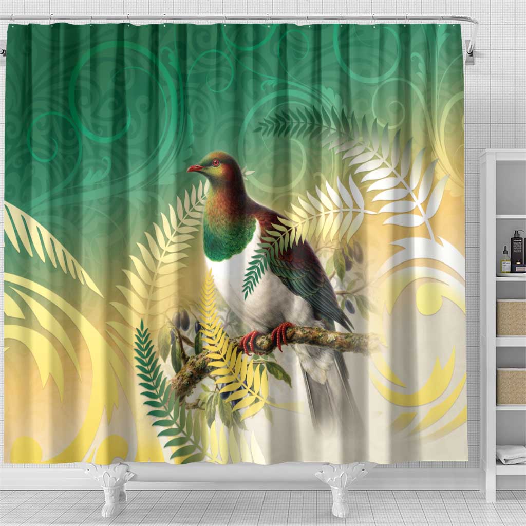 New Zealand Pigeon Kereru Shower Curtain Maori Fern Art Green Gradient - Polynesian Pride