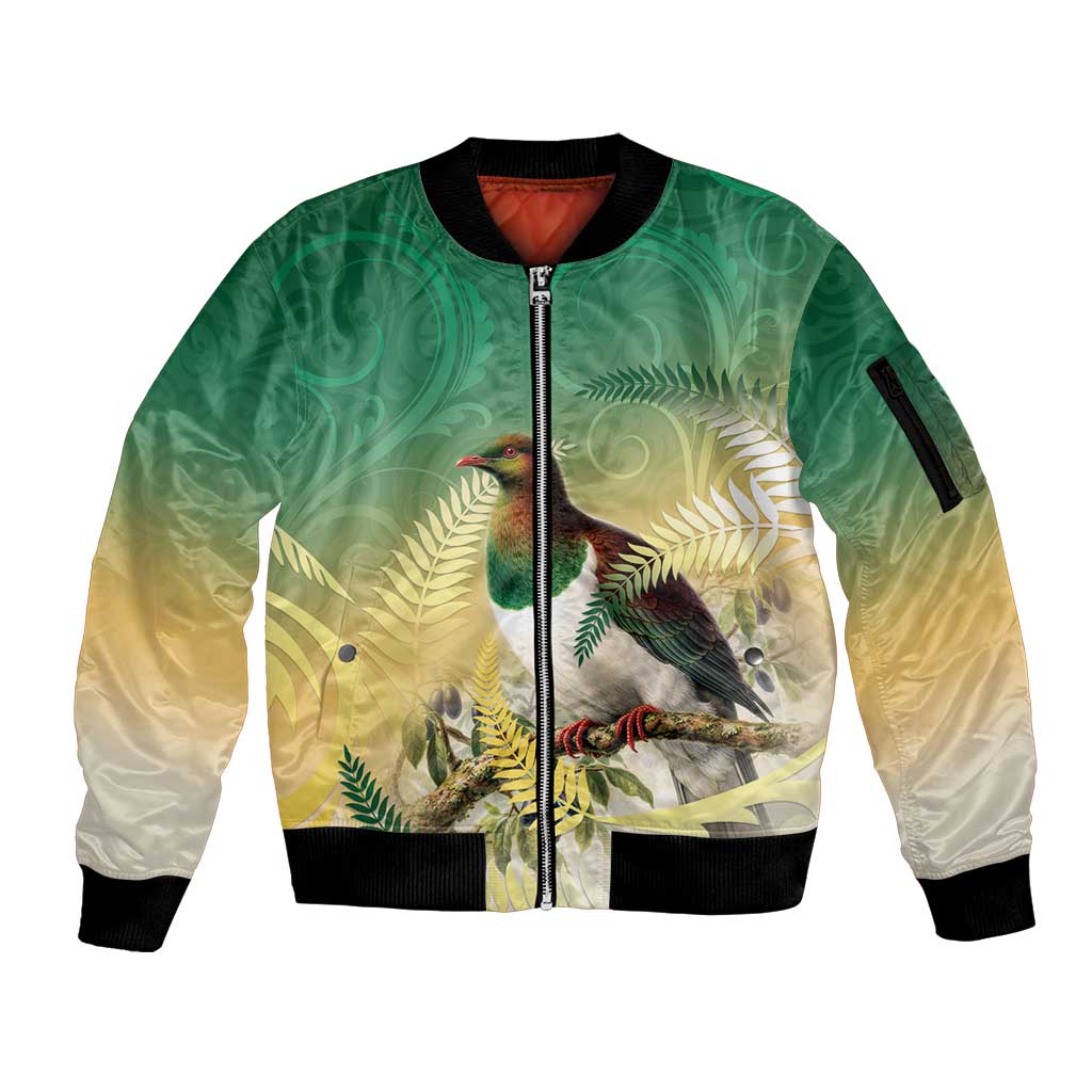 New Zealand Pigeon Kereru Sleeve Zip Bomber Jacket Maori Fern Art Green Gradient - Polynesian Pride