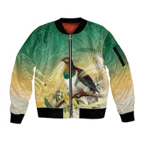 New Zealand Pigeon Kereru Sleeve Zip Bomber Jacket Maori Fern Art Green Gradient - Polynesian Pride