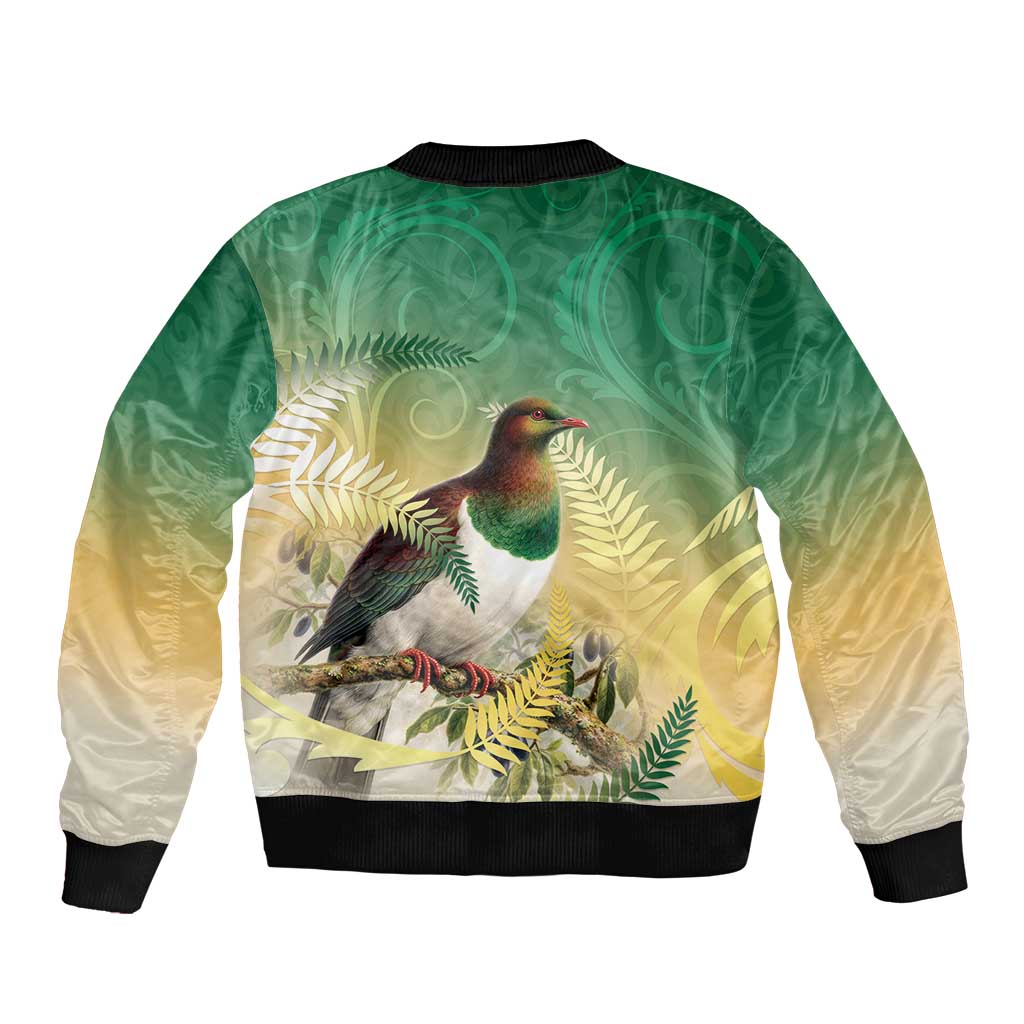 New Zealand Pigeon Kereru Sleeve Zip Bomber Jacket Maori Fern Art Green Gradient - Polynesian Pride