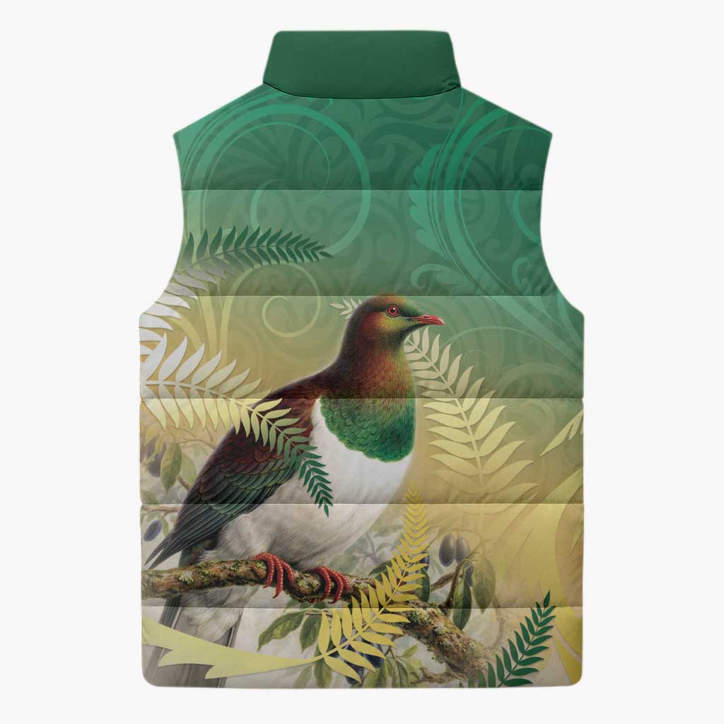 New Zealand Pigeon Kereru Sleeveless Puffer Jacket Maori Fern Art Green Gradient - Polynesian Pride