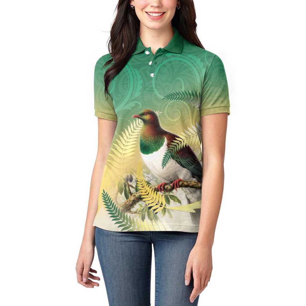 New Zealand Pigeon Kereru Women Polo Shirt Maori Fern Art Green Gradient LT05 - Polynesian Pride