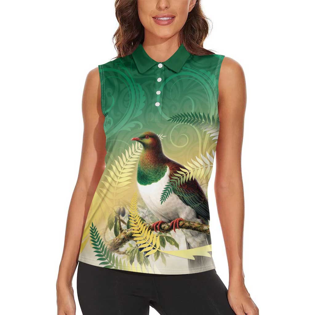 New Zealand Pigeon Kereru Women Sleeveless Polo Shirt Maori Fern Art Green Gradient LT05 - Polynesian Pride
