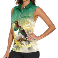 New Zealand Pigeon Kereru Women Sleeveless Polo Shirt Maori Fern Art Green Gradient LT05 - Polynesian Pride