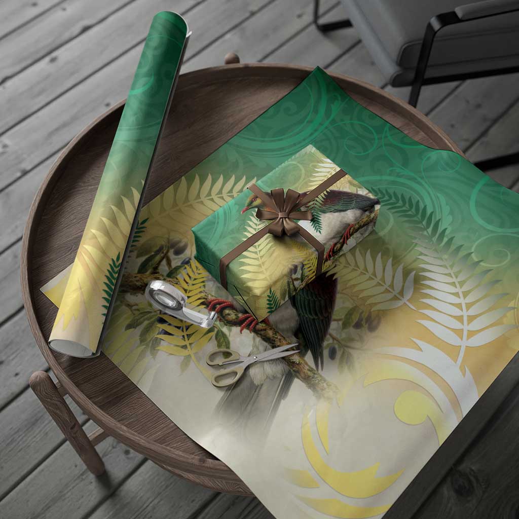 New Zealand Pigeon Kereru Wrapping Paper Maori Fern Art Green Gradient