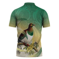 New Zealand Pigeon Kereru Zipper Polo Shirt Maori Fern Art Green Gradient LT05 - Polynesian Pride