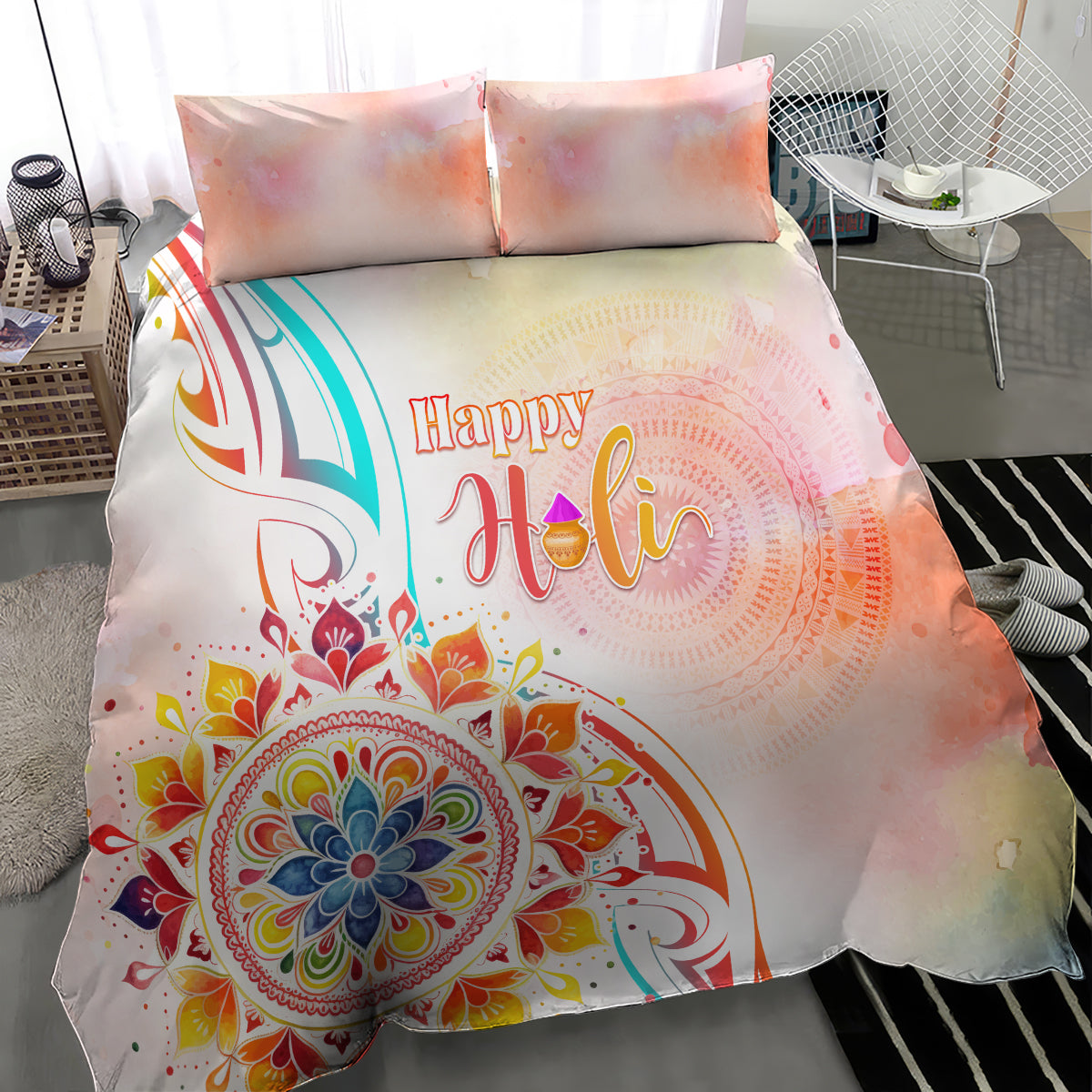 Happy Holi Festival Bedding Set Rangoli With Polynesian Pattern LT05 - Polynesian Pride