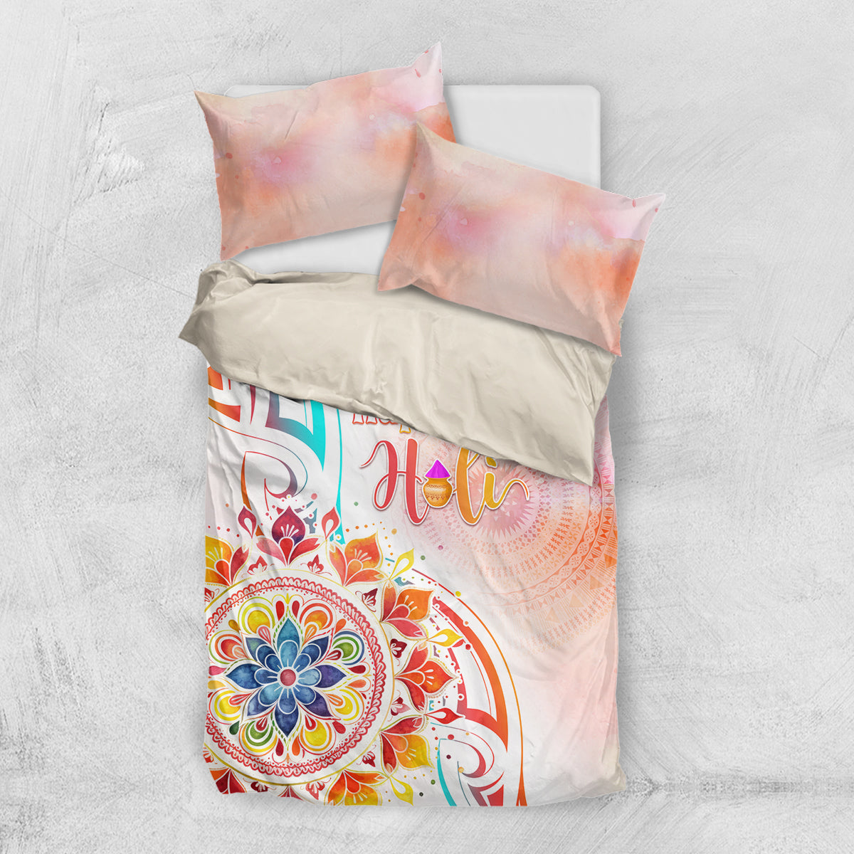 Happy Holi Festival Bedding Set Rangoli With Polynesian Pattern LT05 US Twin 172cm x 218cm White - Polynesian Pride