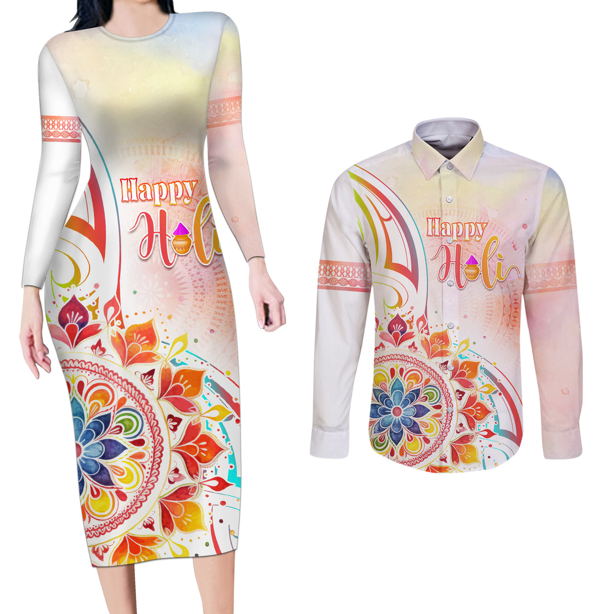 Happy Holi Festival Couples Matching Long Sleeve Bodycon Dress and Long Sleeve Button Shirt Rangoli With Polynesian Pattern LT05 White - Polynesian Pride