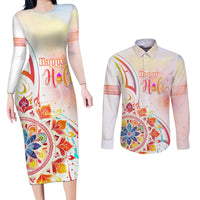 Happy Holi Festival Couples Matching Long Sleeve Bodycon Dress and Long Sleeve Button Shirt Rangoli With Polynesian Pattern LT05 White - Polynesian Pride