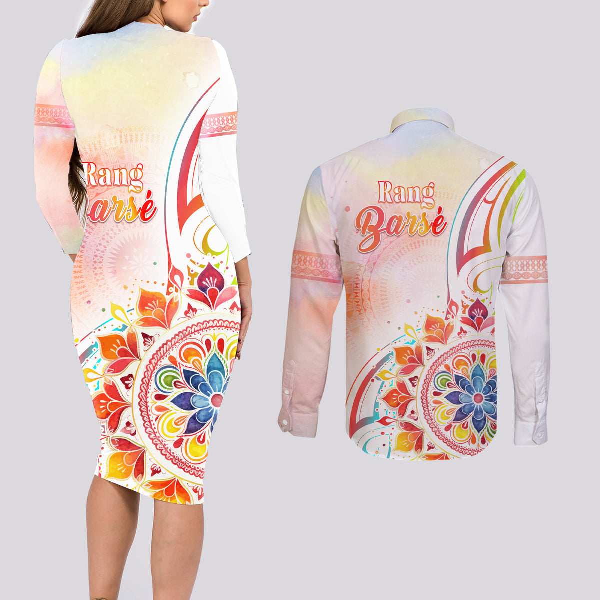 Happy Holi Festival Couples Matching Long Sleeve Bodycon Dress and Long Sleeve Button Shirt Rangoli With Polynesian Pattern LT05 - Polynesian Pride