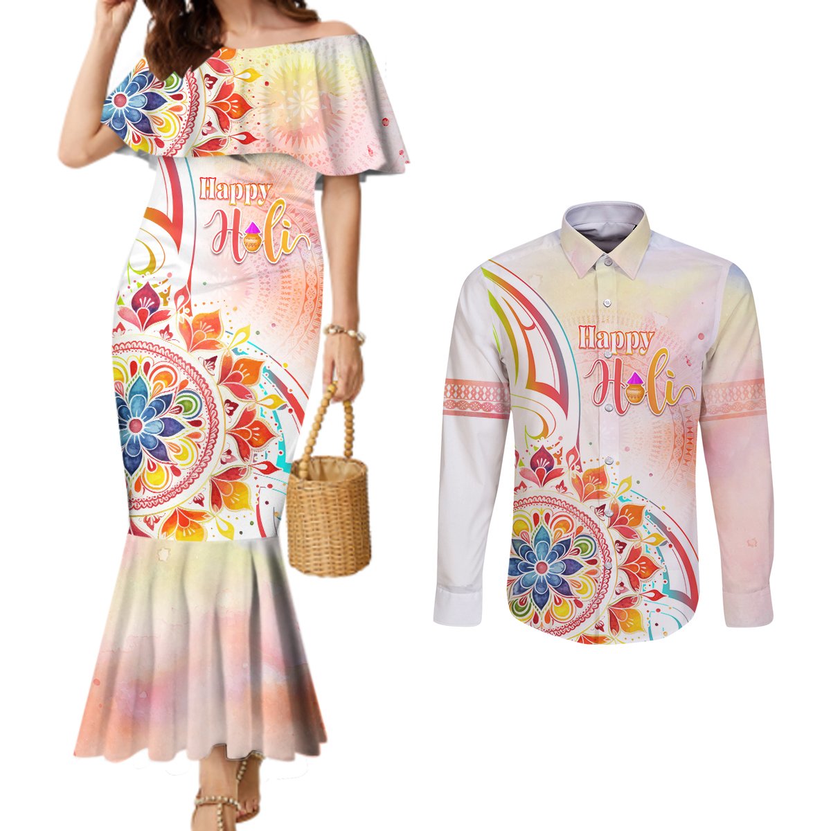 Happy Holi Festival Couples Matching Mermaid Dress and Long Sleeve Button Shirt Rangoli With Polynesian Pattern LT05 White - Polynesian Pride