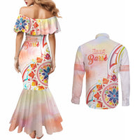 Happy Holi Festival Couples Matching Mermaid Dress and Long Sleeve Button Shirt Rangoli With Polynesian Pattern LT05 - Polynesian Pride