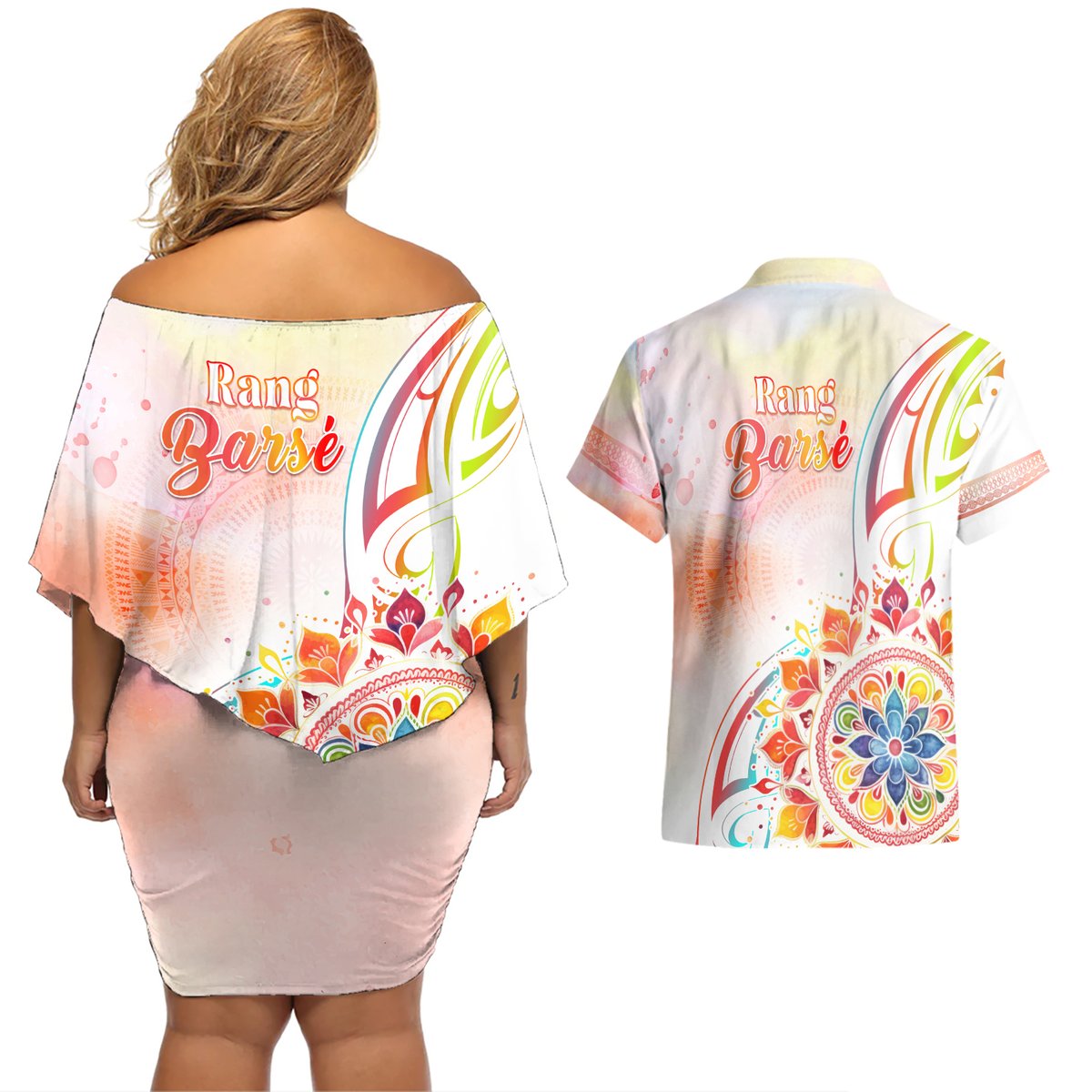 Happy Holi Festival Couples Matching Off Shoulder Short Dress and Hawaiian Shirt Rangoli With Polynesian Pattern LT05 - Polynesian Pride
