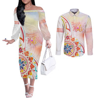 Happy Holi Festival Couples Matching Off The Shoulder Long Sleeve Dress and Long Sleeve Button Shirt Rangoli With Polynesian Pattern LT05 White - Polynesian Pride