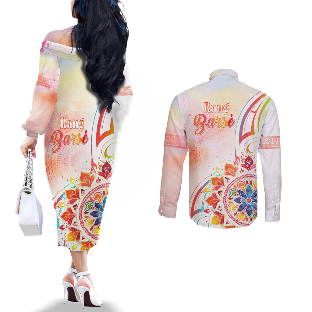 Happy Holi Festival Couples Matching Off The Shoulder Long Sleeve Dress and Long Sleeve Button Shirt Rangoli With Polynesian Pattern LT05 - Polynesian Pride