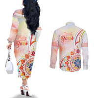 Happy Holi Festival Couples Matching Off The Shoulder Long Sleeve Dress and Long Sleeve Button Shirt Rangoli With Polynesian Pattern LT05 - Polynesian Pride