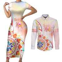 Happy Holi Festival Couples Matching Short Sleeve Bodycon Dress and Long Sleeve Button Shirt Rangoli With Polynesian Pattern LT05 White - Polynesian Pride
