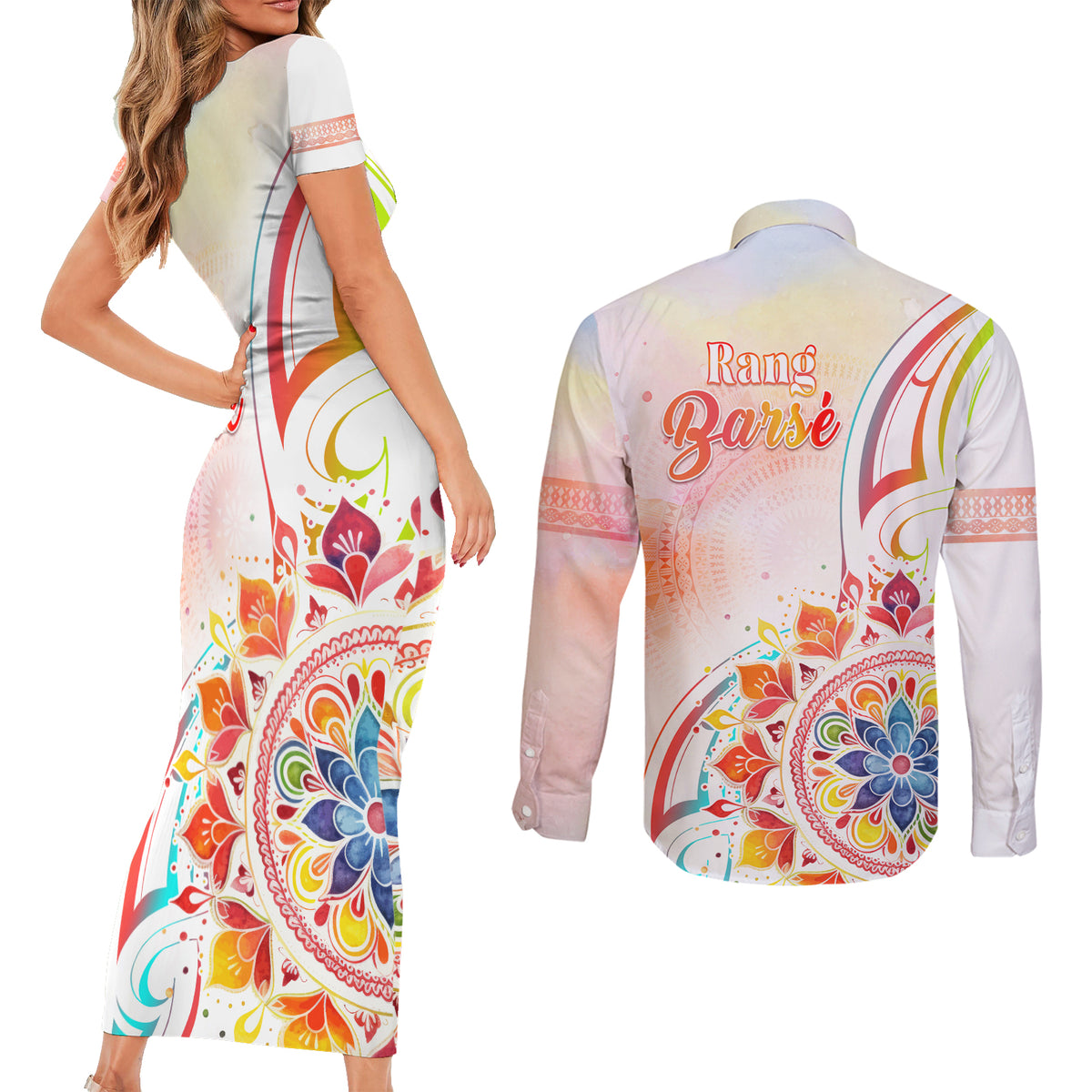 Happy Holi Festival Couples Matching Short Sleeve Bodycon Dress and Long Sleeve Button Shirt Rangoli With Polynesian Pattern LT05 - Polynesian Pride