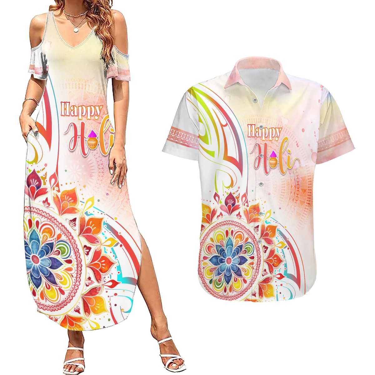 Happy Holi Festival Couples Matching Summer Maxi Dress and Hawaiian Shirt Rangoli With Polynesian Pattern LT05 White - Polynesian Pride
