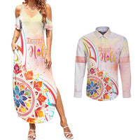 Happy Holi Festival Couples Matching Summer Maxi Dress and Long Sleeve Button Shirt Rangoli With Polynesian Pattern LT05 White - Polynesian Pride