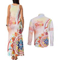 Happy Holi Festival Couples Matching Tank Maxi Dress and Long Sleeve Button Shirt Rangoli With Polynesian Pattern LT05 - Polynesian Pride