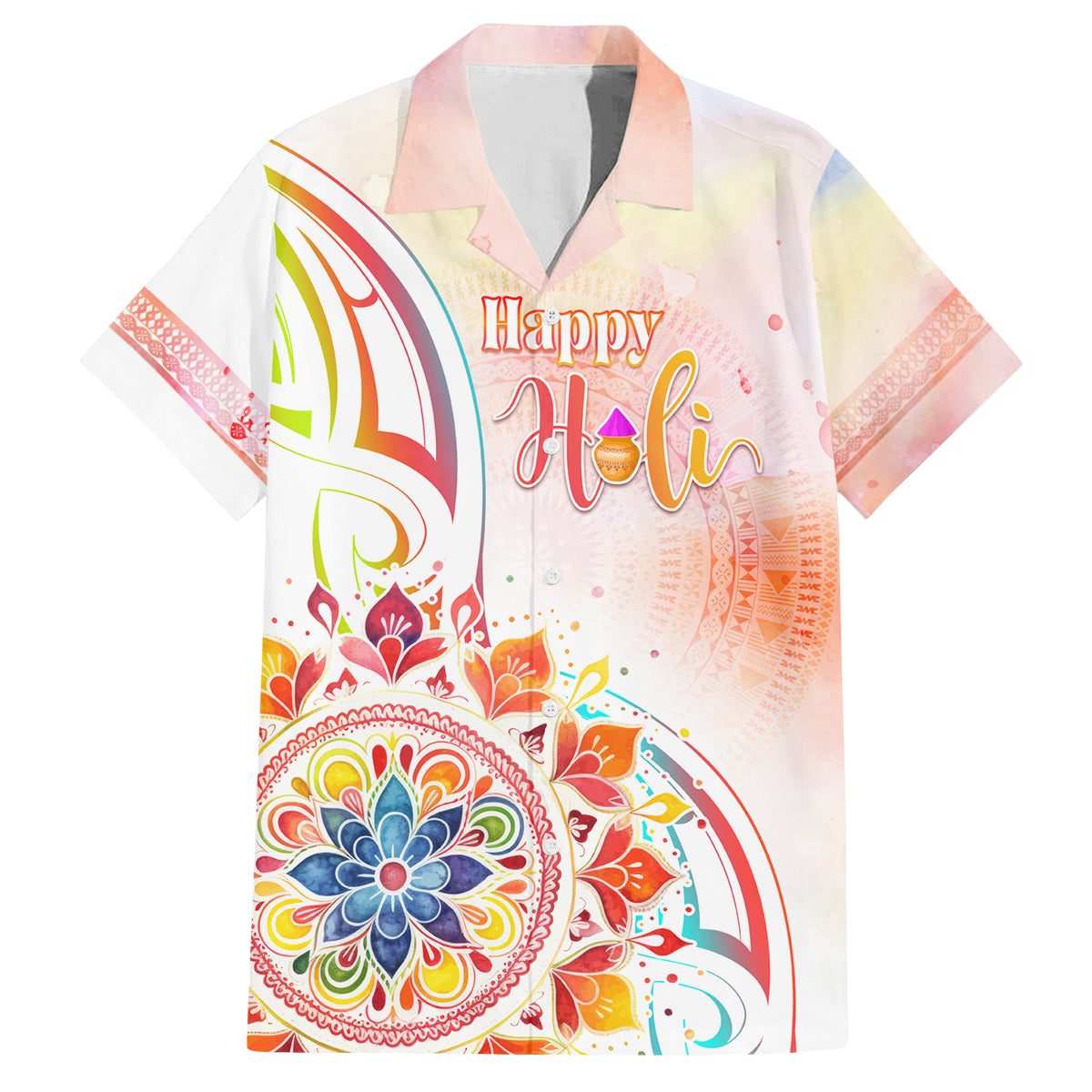 Happy Holi Festival Family Matching Long Sleeve Bodycon Dress and Hawaiian Shirt Rangoli With Polynesian Pattern LT05 Dad's Shirt - Short Sleeve White - Polynesian Pride
