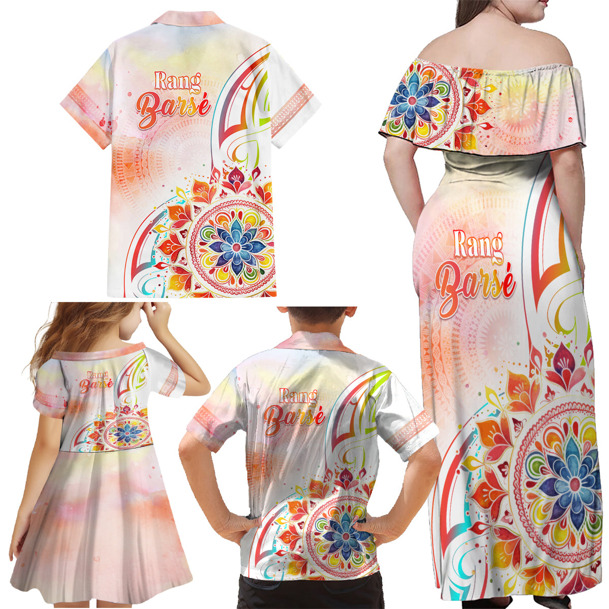 Happy Holi Festival Family Matching Off Shoulder Maxi Dress and Hawaiian Shirt Rangoli With Polynesian Pattern LT05 - Polynesian Pride