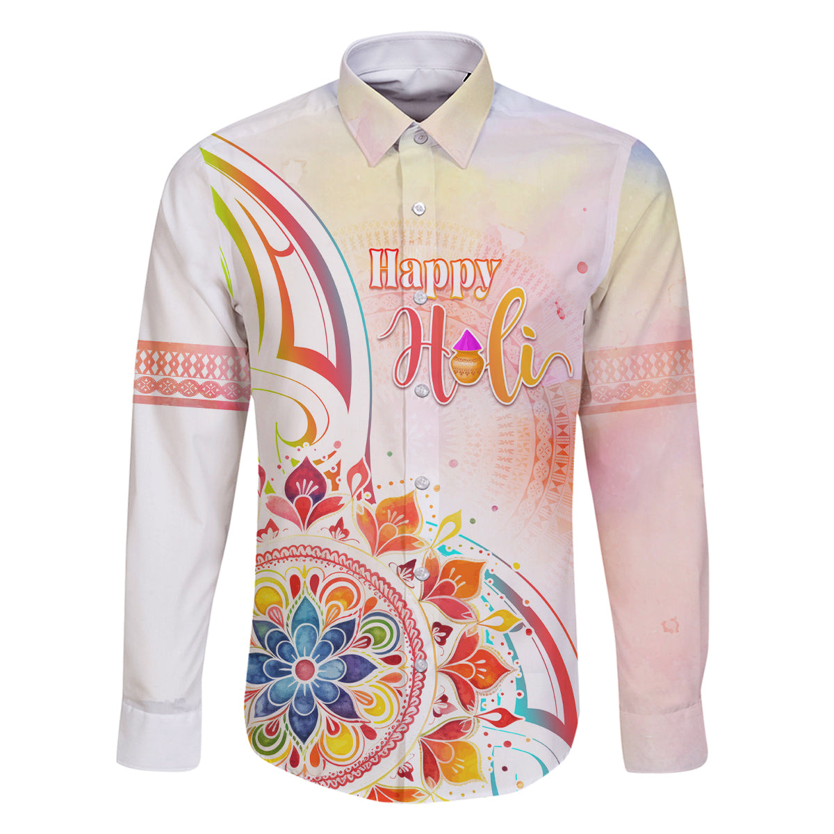 Happy Holi Festival Family Matching Summer Maxi Dress and Hawaiian Shirt Rangoli With Polynesian Pattern LT05 Dad's Shirt - Long Sleeve White - Polynesian Pride