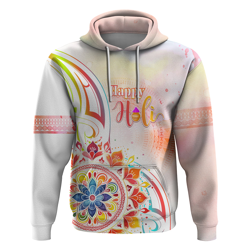 Happy Holi Festival Hoodie Rangoli With Polynesian Pattern LT05 Pullover Hoodie White - Polynesian Pride