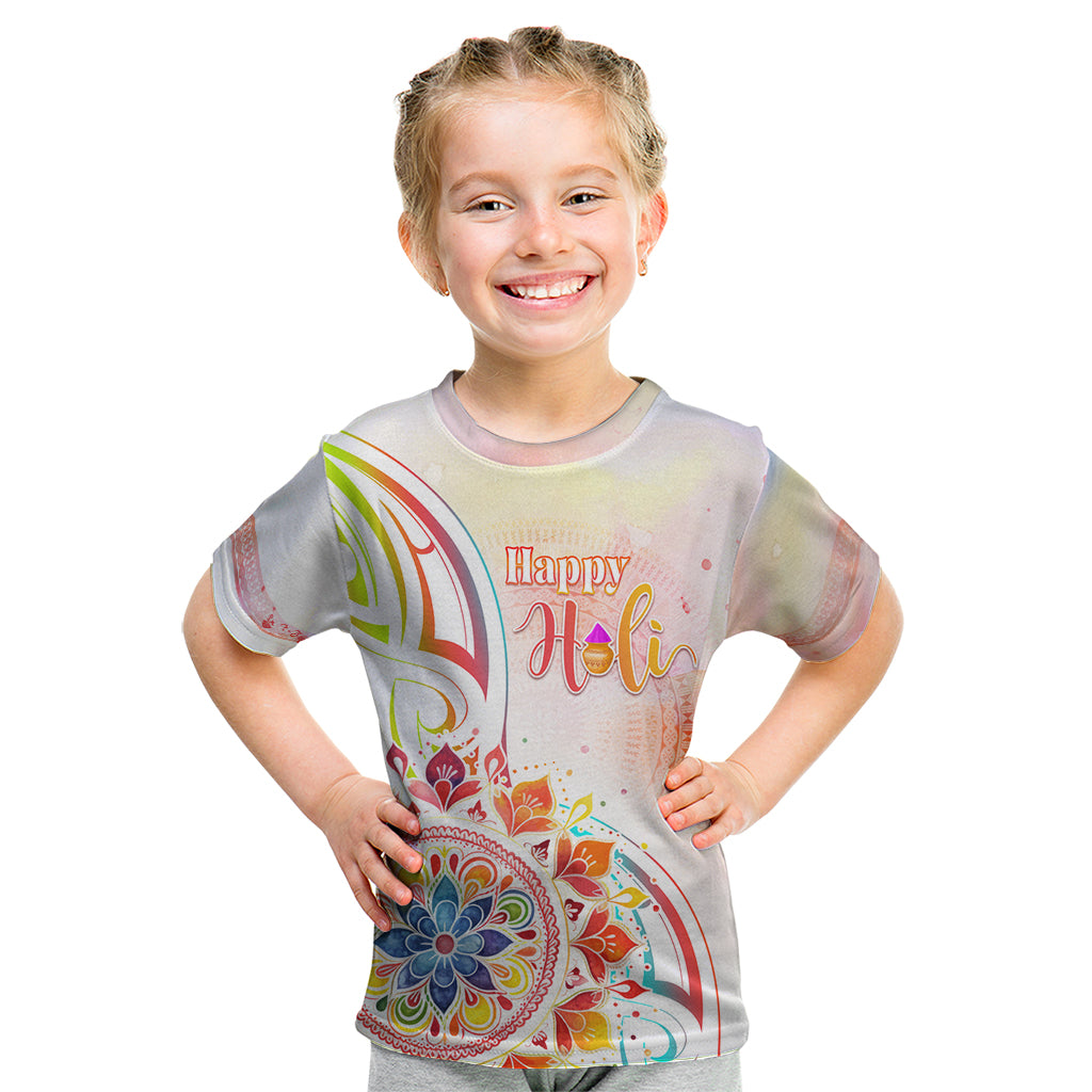 Happy Holi Festival Kid T Shirt Rangoli With Polynesian Pattern LT05 White - Polynesian Pride