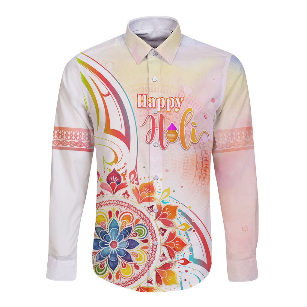 Happy Holi Festival Long Sleeve Button Shirt Rangoli With Polynesian Pattern LT05 Unisex White - Polynesian Pride