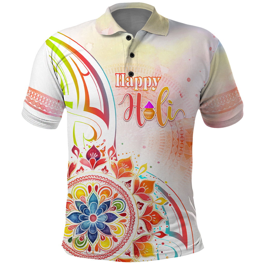 Happy Holi Festival Polo Shirt Rangoli With Polynesian Pattern LT05 White - Polynesian Pride