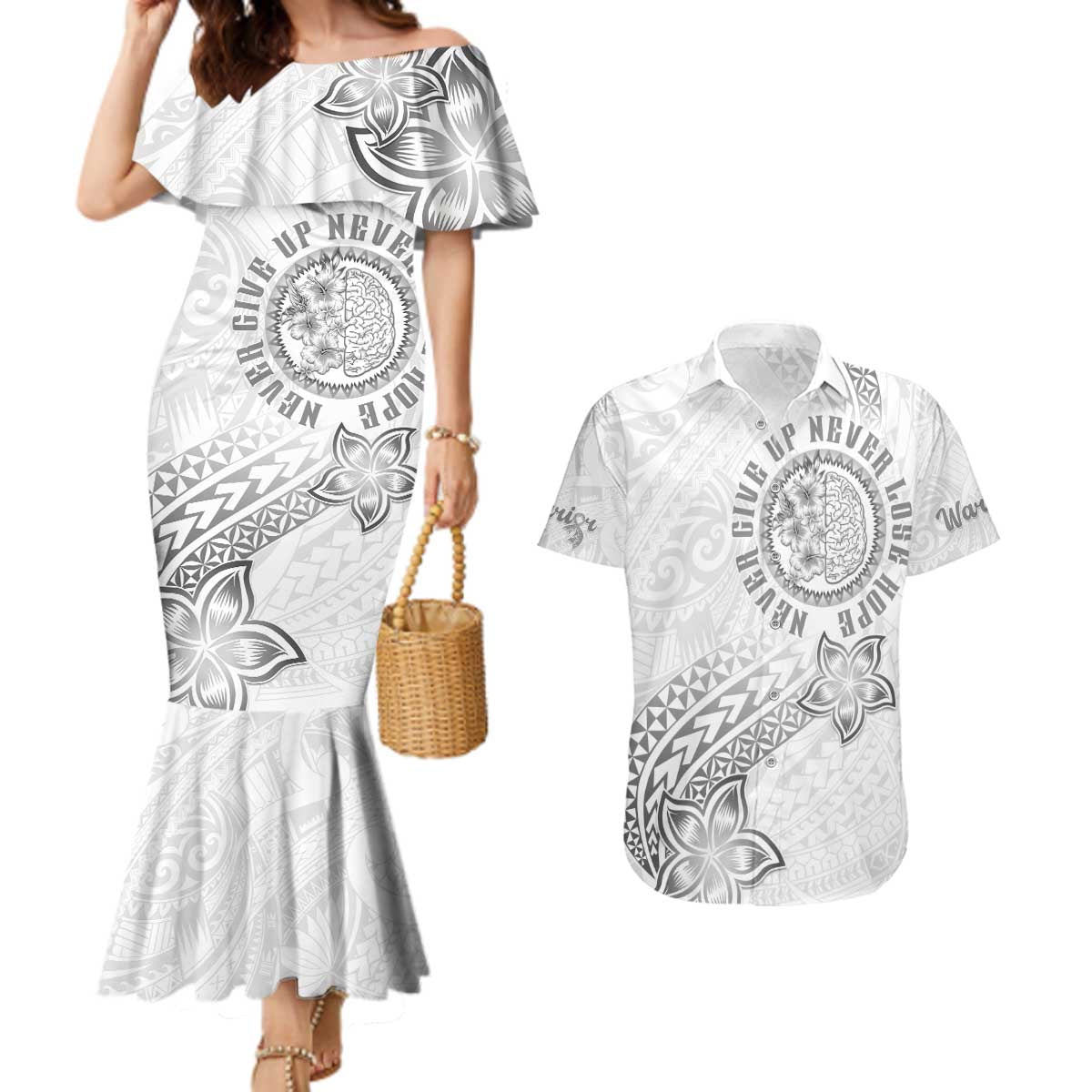 Brain Cancer Warrior Couples Matching Mermaid Dress and Hawaiian Shirt Never Give Up