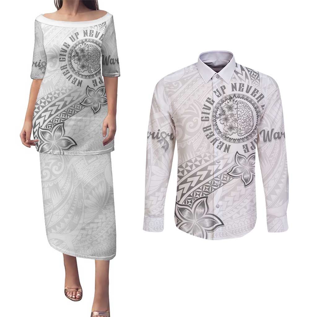 Brain Cancer Warrior Couples Matching Puletasi and Long Sleeve Button Shirt Never Give Up
