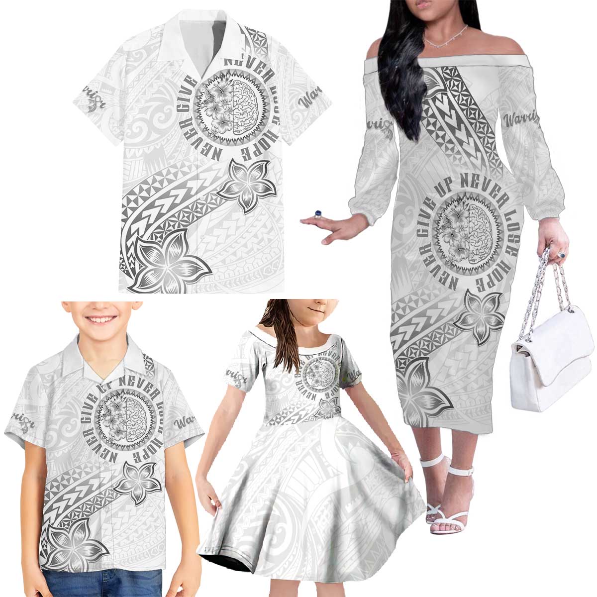 Brain Cancer Warrior Family Matching Off The Shoulder Long Sleeve Dress and Hawaiian Shirt Never Give Up