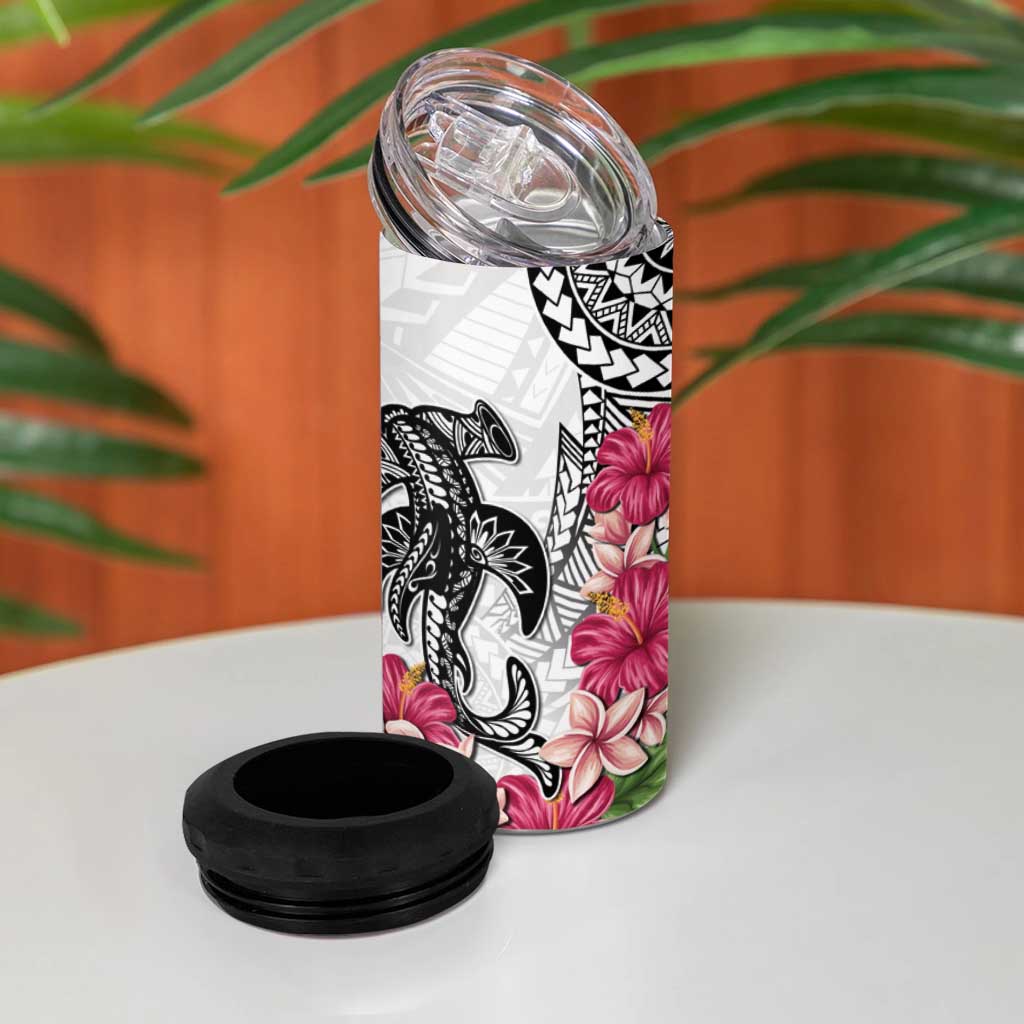 White Polynesian Hammerhead Shark Tribal Pattern 4 in 1 Can Cooler Tumbler