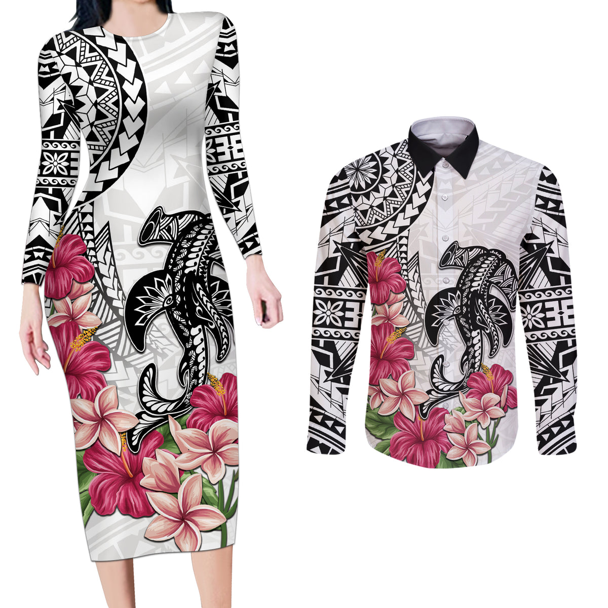 White Polynesian Hammerhead Shark Tribal Pattern Couples Matching Long Sleeve Bodycon Dress and Long Sleeve Button Shirt