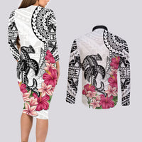 White Polynesian Hammerhead Shark Tribal Pattern Couples Matching Long Sleeve Bodycon Dress and Long Sleeve Button Shirt