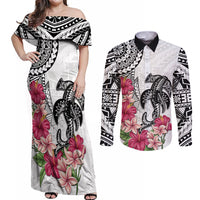 White Polynesian Hammerhead Shark Tribal Pattern Couples Matching Off Shoulder Maxi Dress and Long Sleeve Button Shirt