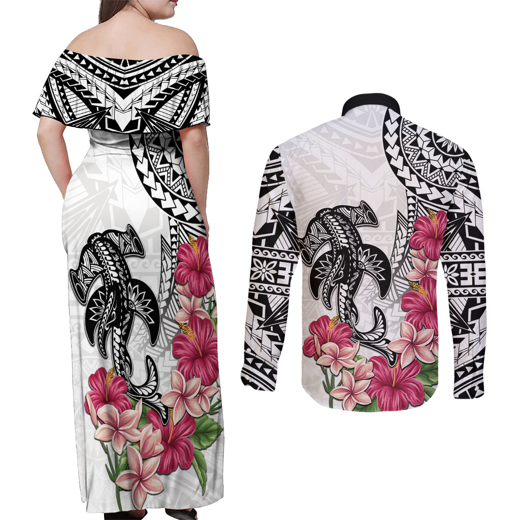 White Polynesian Hammerhead Shark Tribal Pattern Couples Matching Off Shoulder Maxi Dress and Long Sleeve Button Shirt