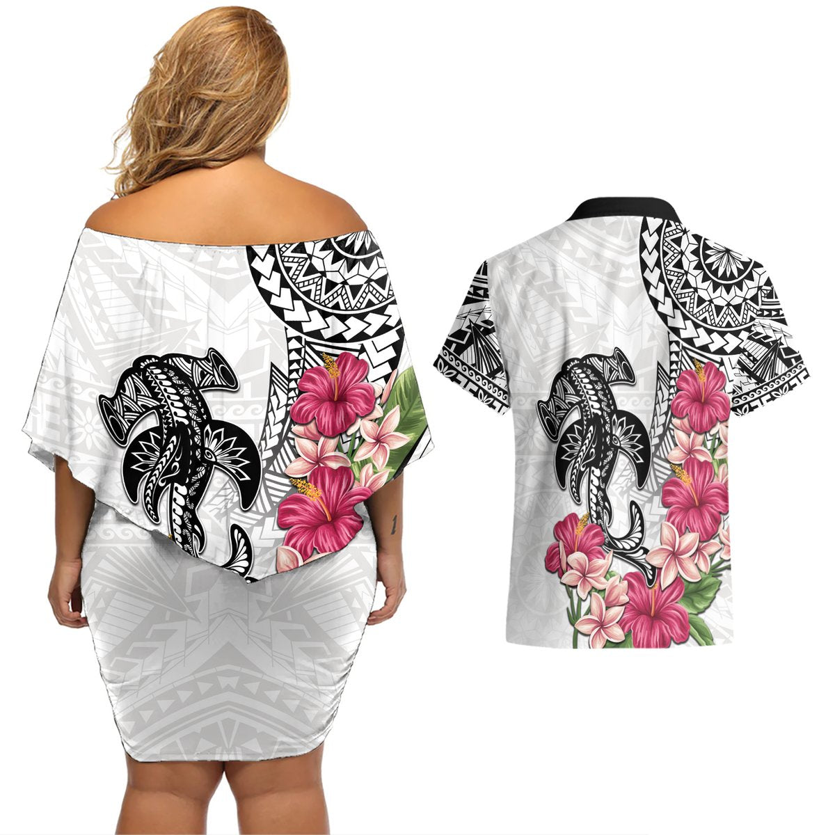 White Polynesian Hammerhead Shark Tribal Pattern Couples Matching Off Shoulder Short Dress and Hawaiian Shirt