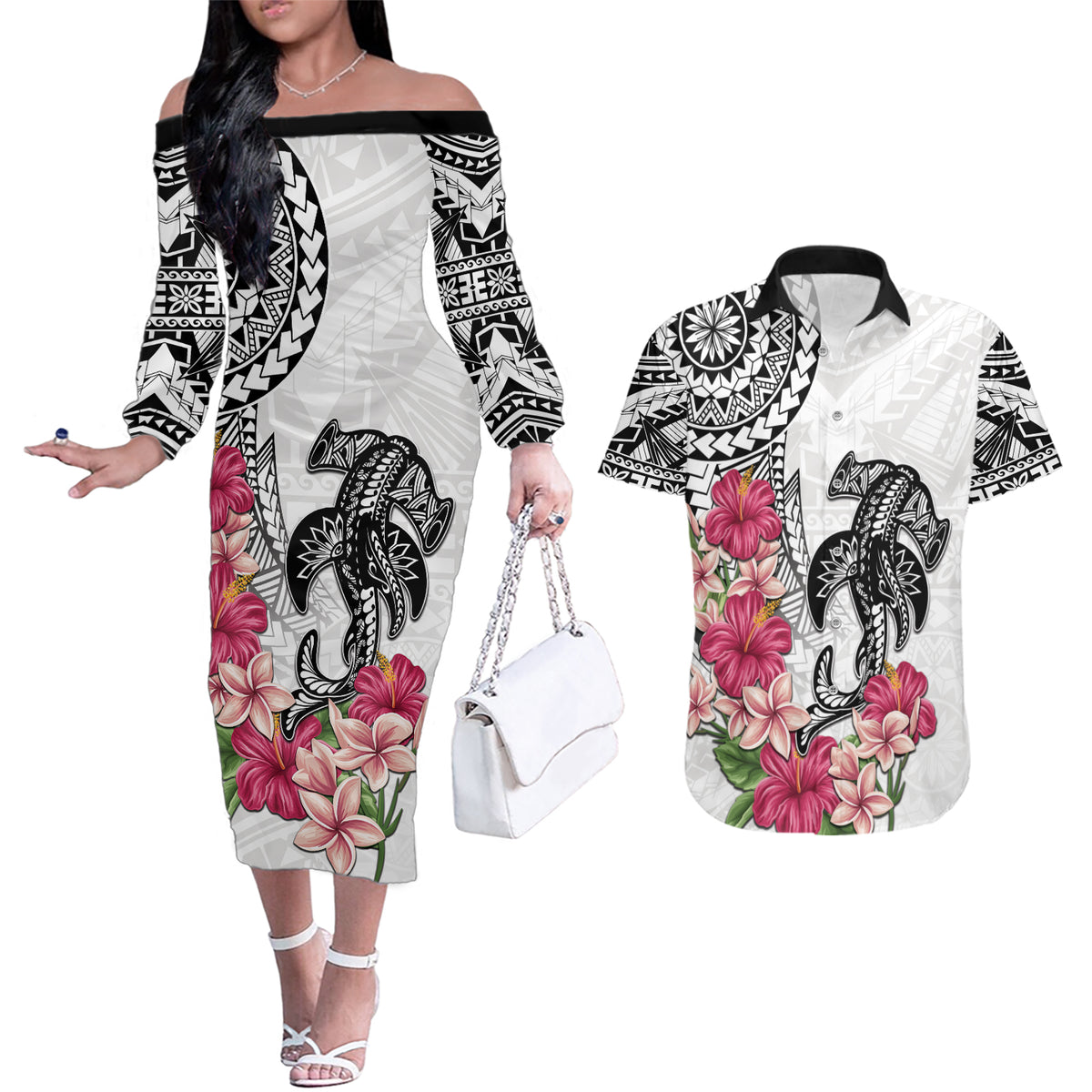 White Polynesian Hammerhead Shark Tribal Pattern Couples Matching Off The Shoulder Long Sleeve Dress and Hawaiian Shirt