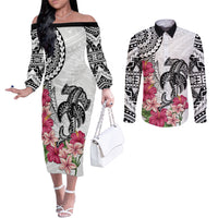 White Polynesian Hammerhead Shark Tribal Pattern Couples Matching Off The Shoulder Long Sleeve Dress and Long Sleeve Button Shirt