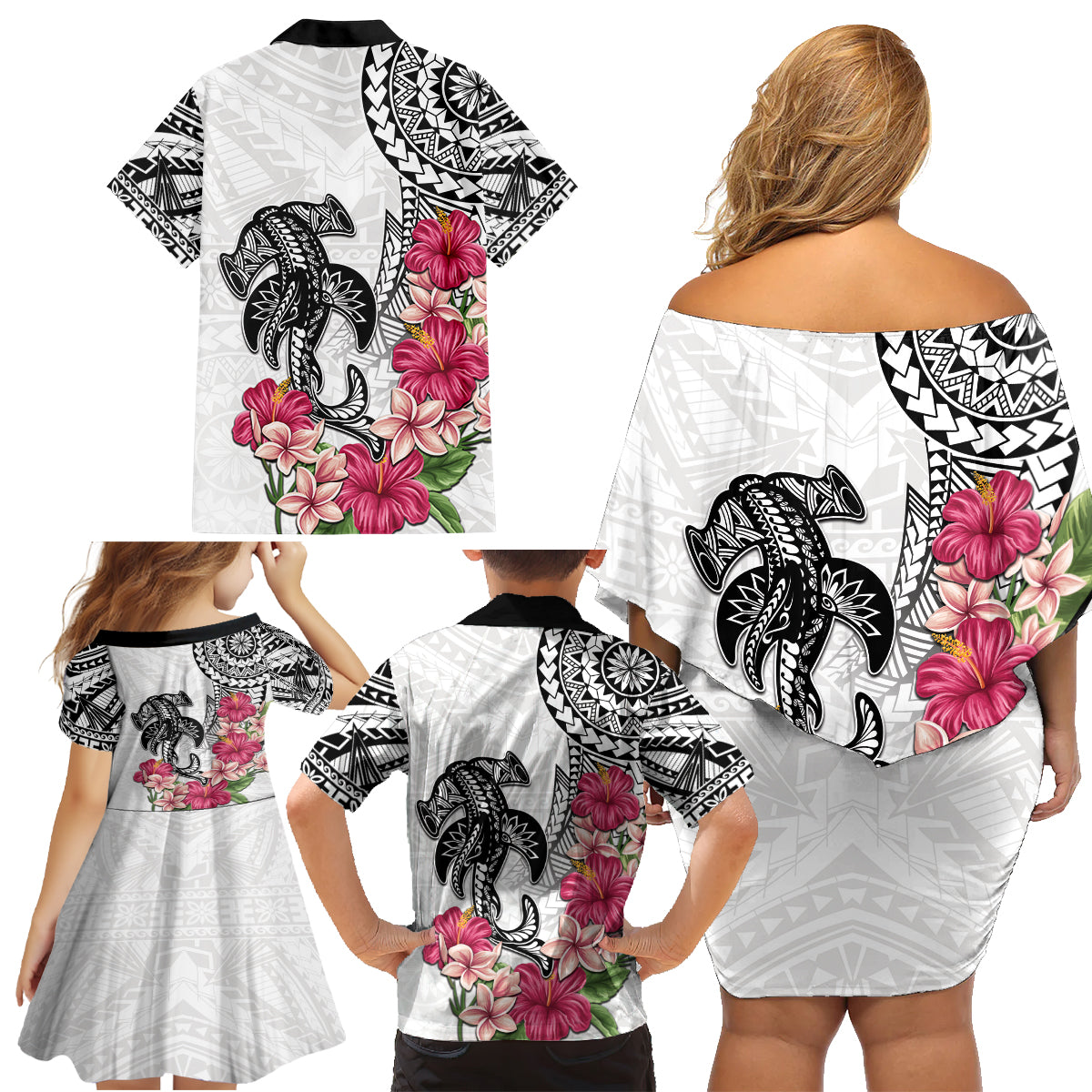 White Polynesian Hammerhead Shark Tribal Pattern Family Matching Off Shoulder Short Dress and Hawaiian Shirt