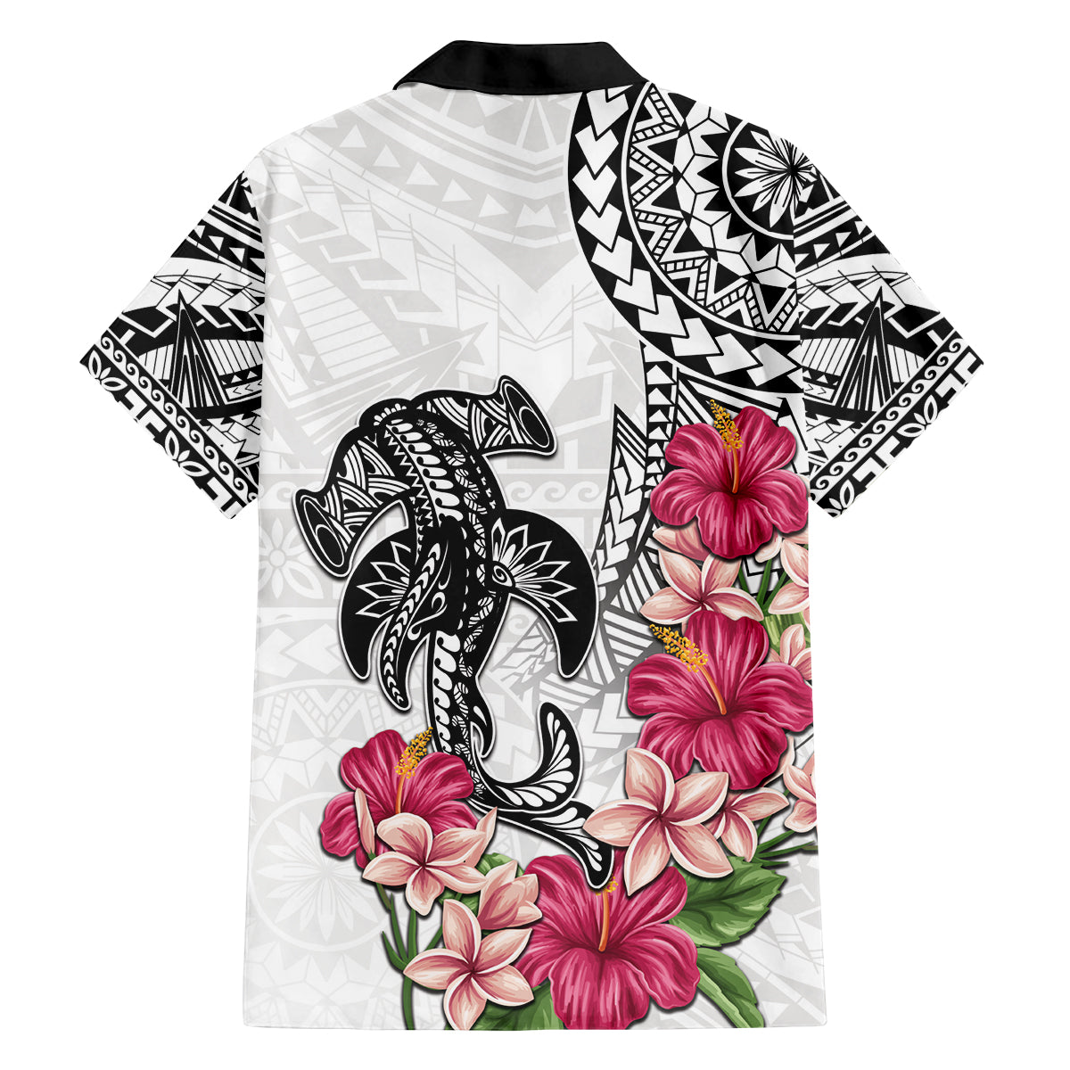 White Polynesian Hammerhead Shark Tribal Pattern Family Matching Off Shoulder Short Dress and Hawaiian Shirt