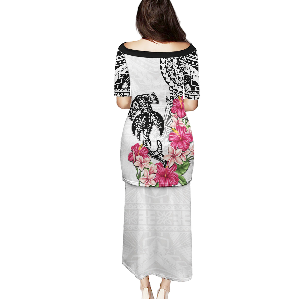 White Polynesian Hammerhead Shark Tribal Pattern Family Matching Puletasi and Hawaiian Shirt