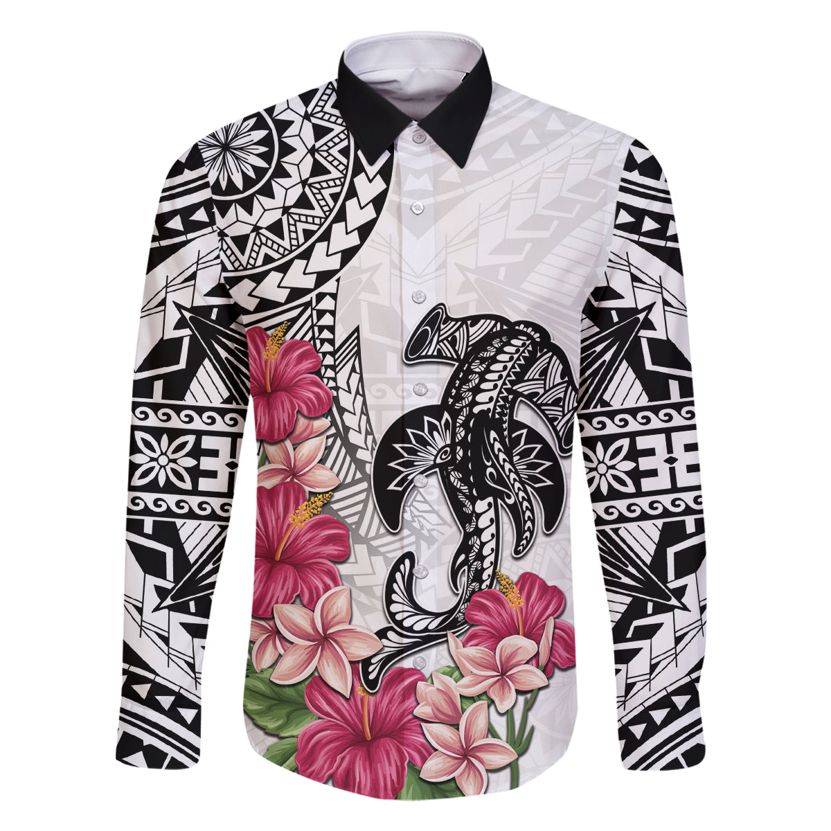 White Polynesian Hammerhead Shark Tribal Pattern Family Matching Summer Maxi Dress and Hawaiian Shirt