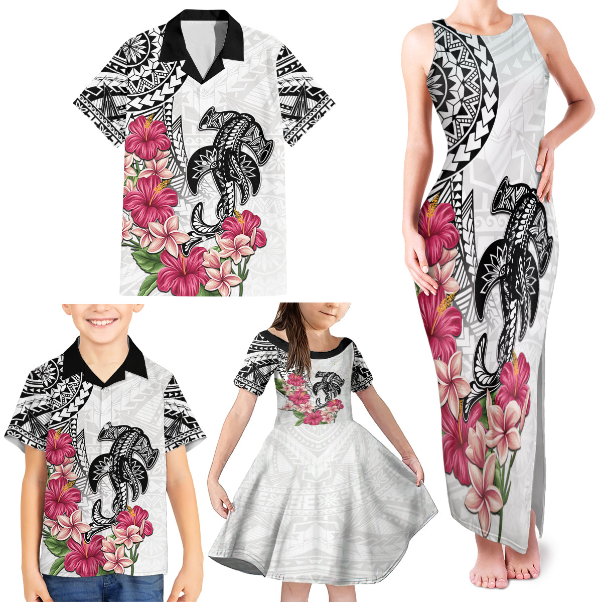 White Polynesian Hammerhead Shark Tribal Pattern Family Matching Tank Maxi Dress and Hawaiian Shirt