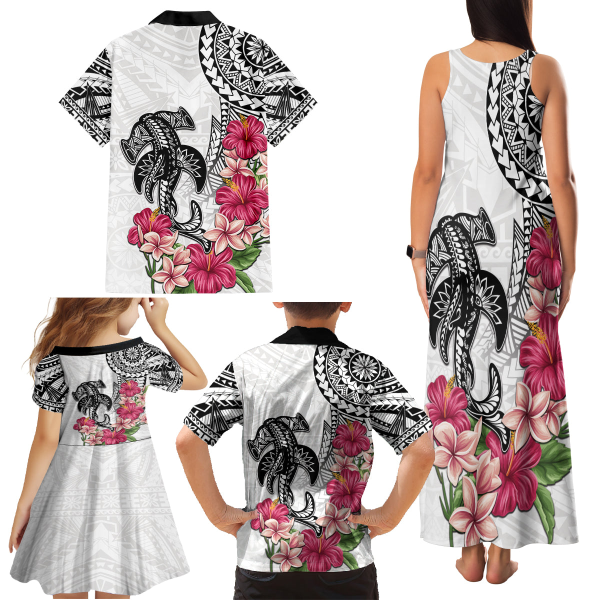 White Polynesian Hammerhead Shark Tribal Pattern Family Matching Tank Maxi Dress and Hawaiian Shirt